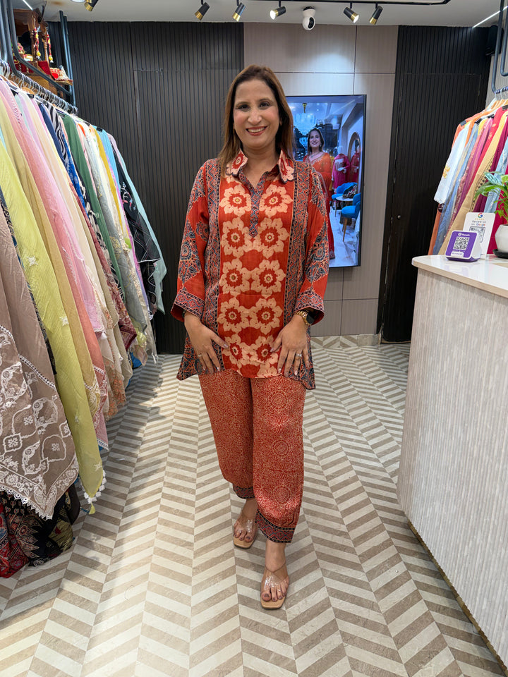 Rust Ajrakh Block Printed Co-ord Set with Afghani Salwar