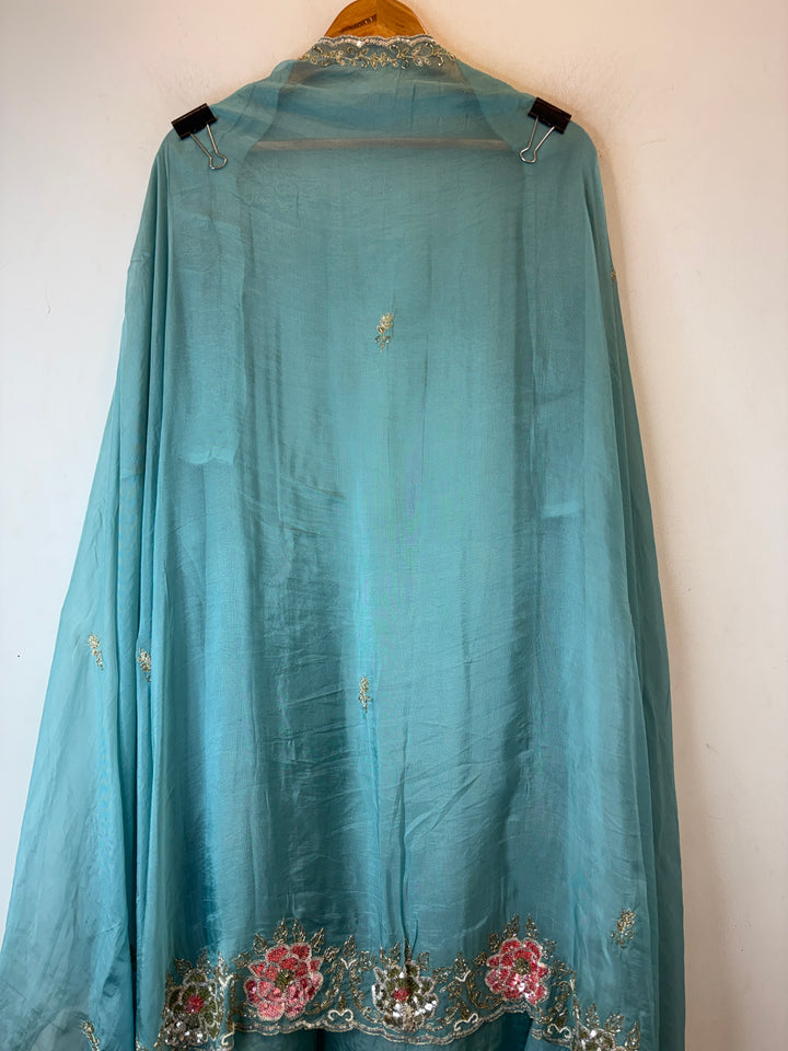 Aqua Blue Organza Aari Booti &amp; Cutdana Ensemble