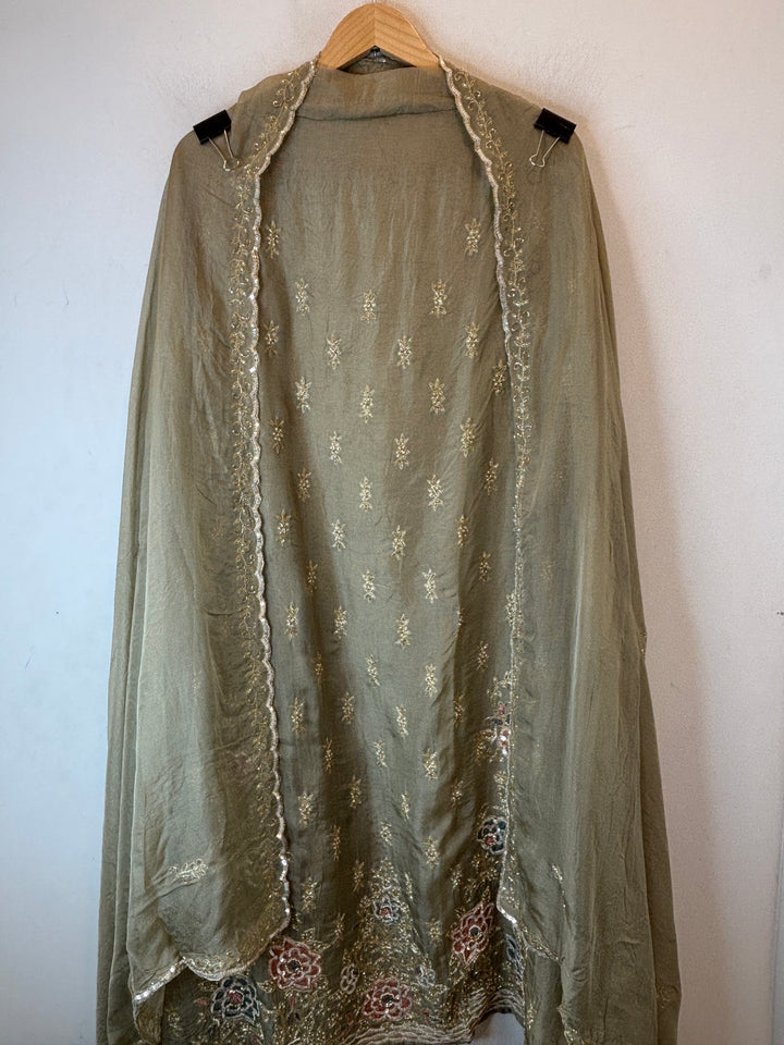 Olive Green Organza Aari Booti &amp; Cutdana Ensemble