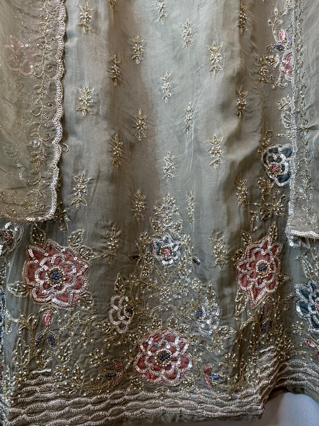 Olive Green Organza Aari Booti &amp; Cutdana Ensemble