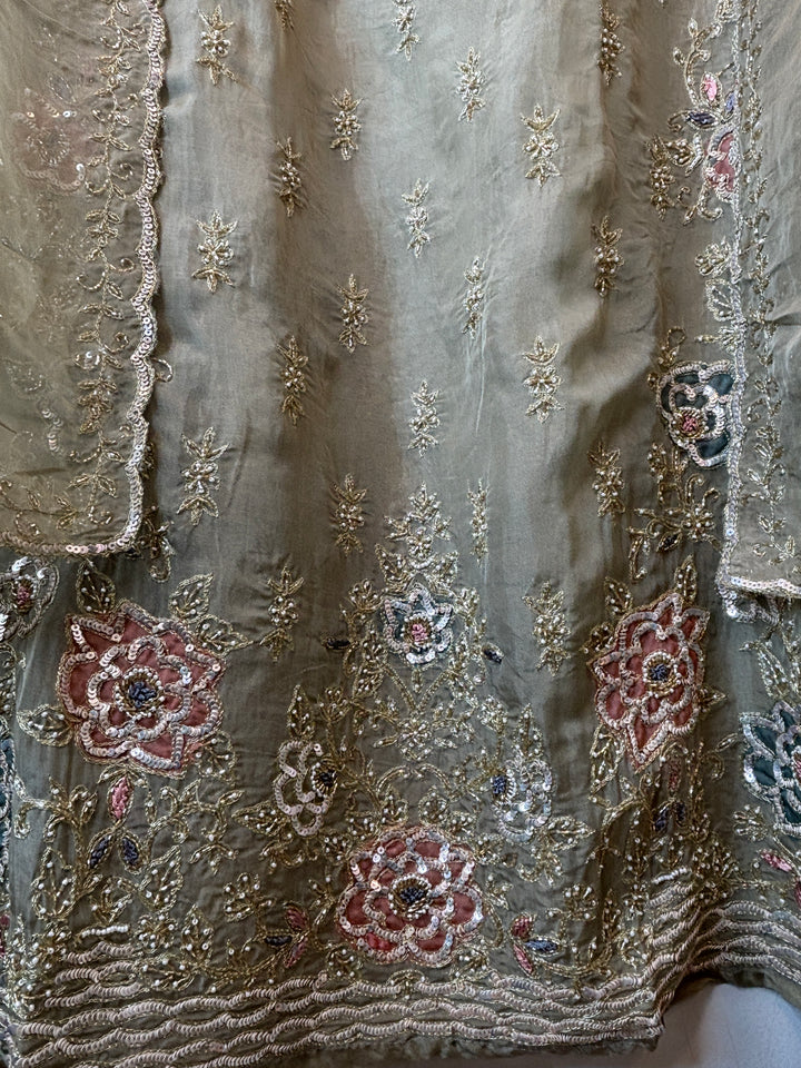 Olive Green Organza Aari Booti &amp; Cutdana Ensemble