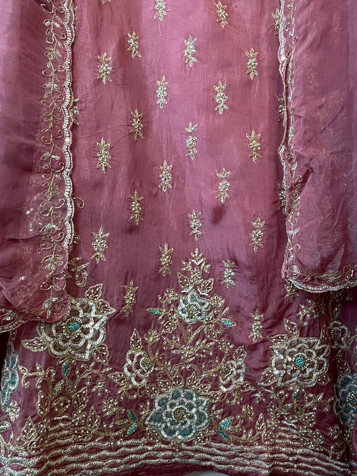 Dusty Rose Organza Aari Booti &amp; Cutdana Ensemble