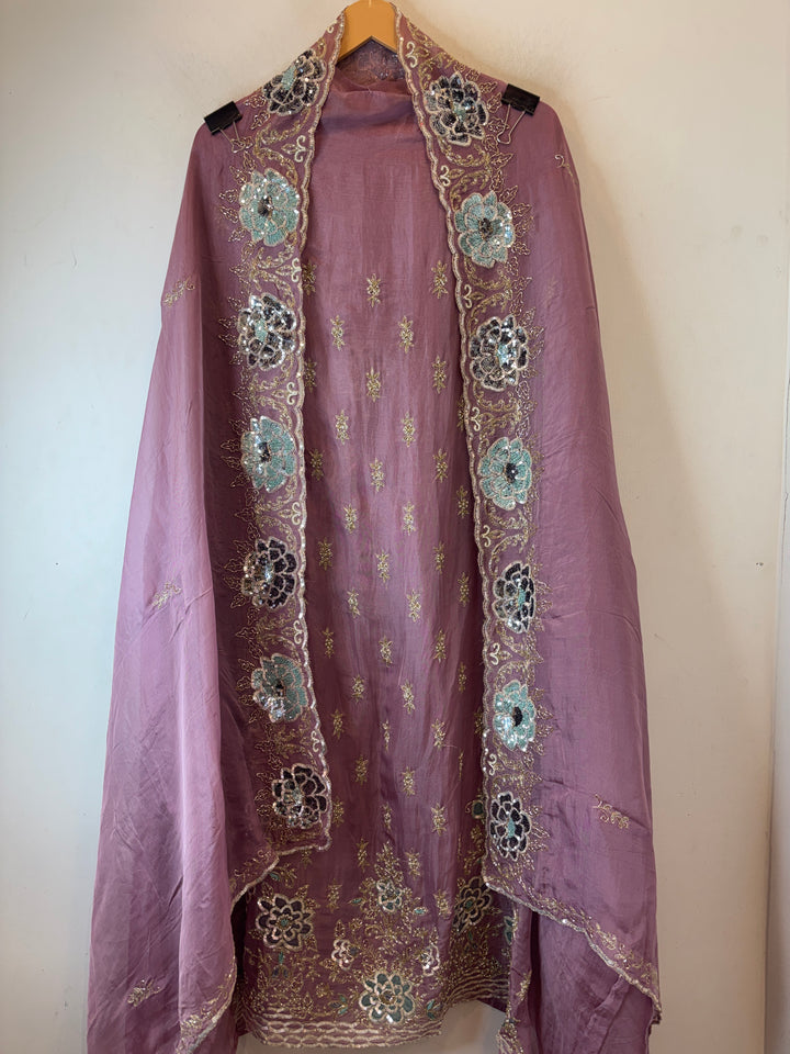 Mauve Organza Aari Booti &amp; Cutdana Ensemble