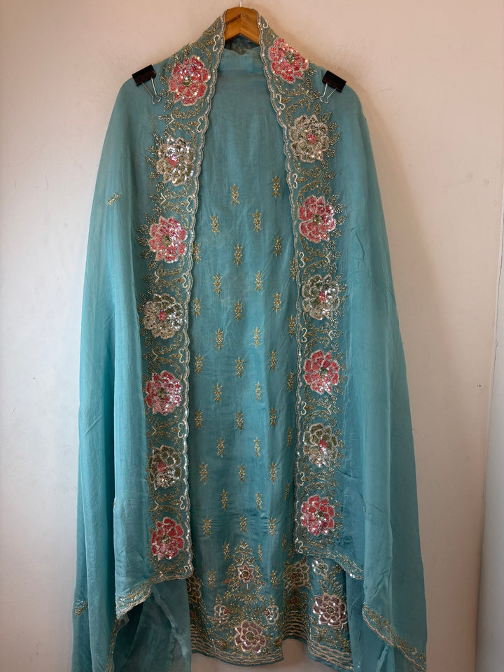 Aqua Blue Organza Aari Booti &amp; Cutdana Ensemble