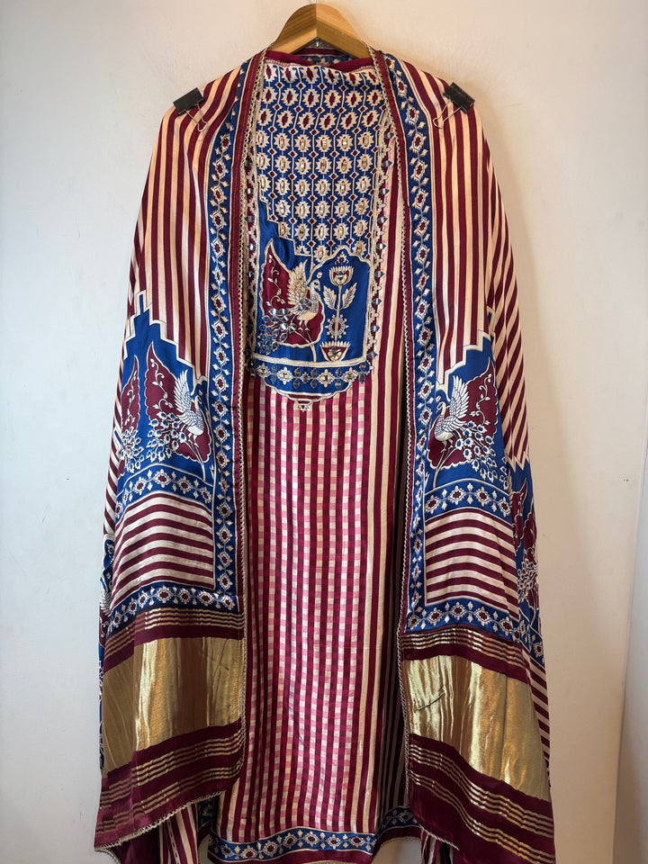 Aariz – Maroon Gazi Silk Stripe Handwork Suit DBPC504