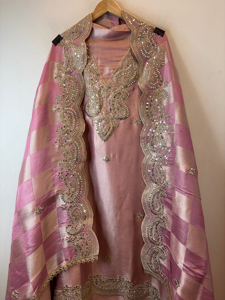 Inaya – Dusty Rose Pink Giraffe Tissue Mirror Cutwork Ensemble