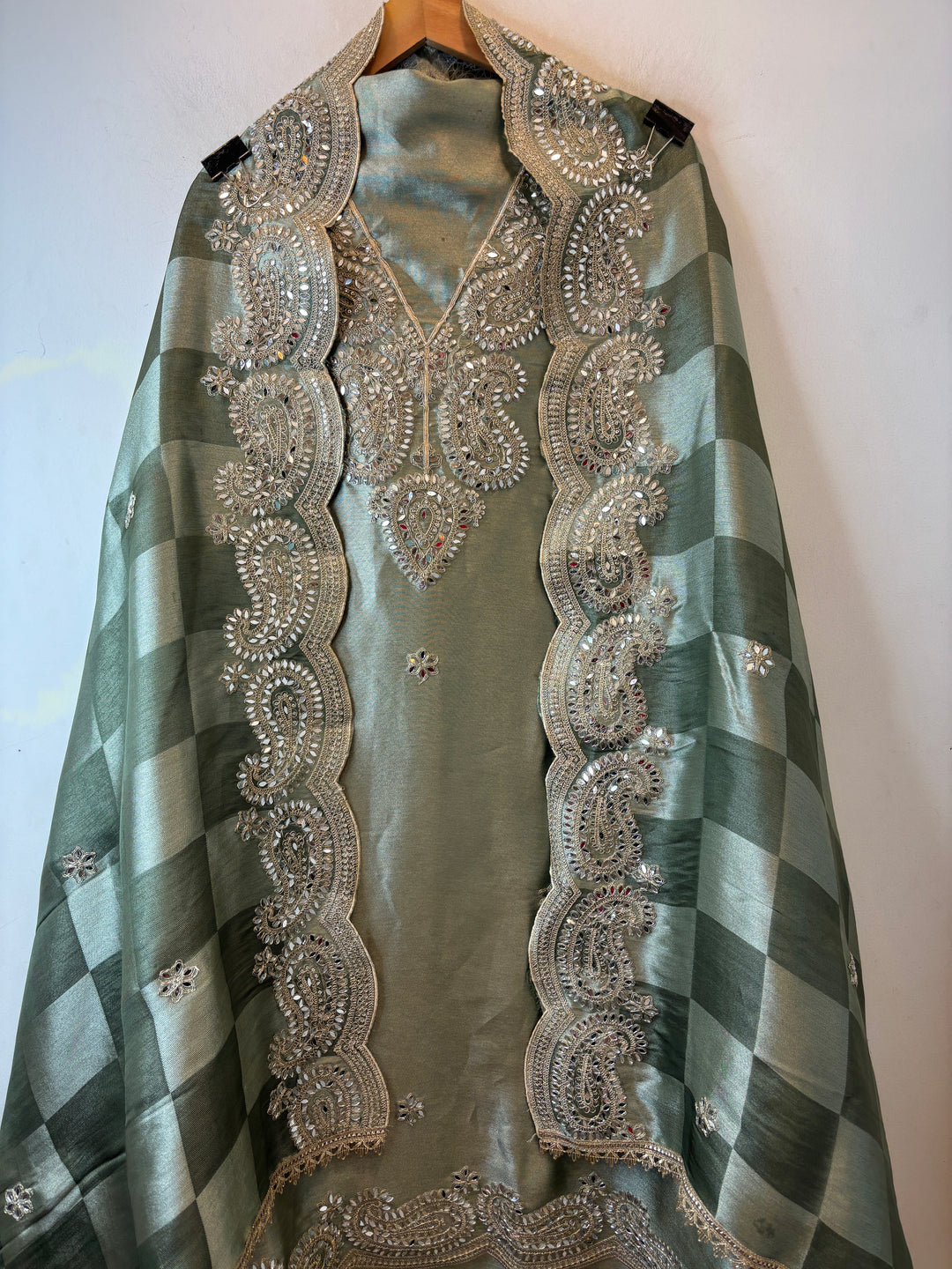 Inaya – Sage Green Giraffe Tissue Mirror Cutwork Ensemble