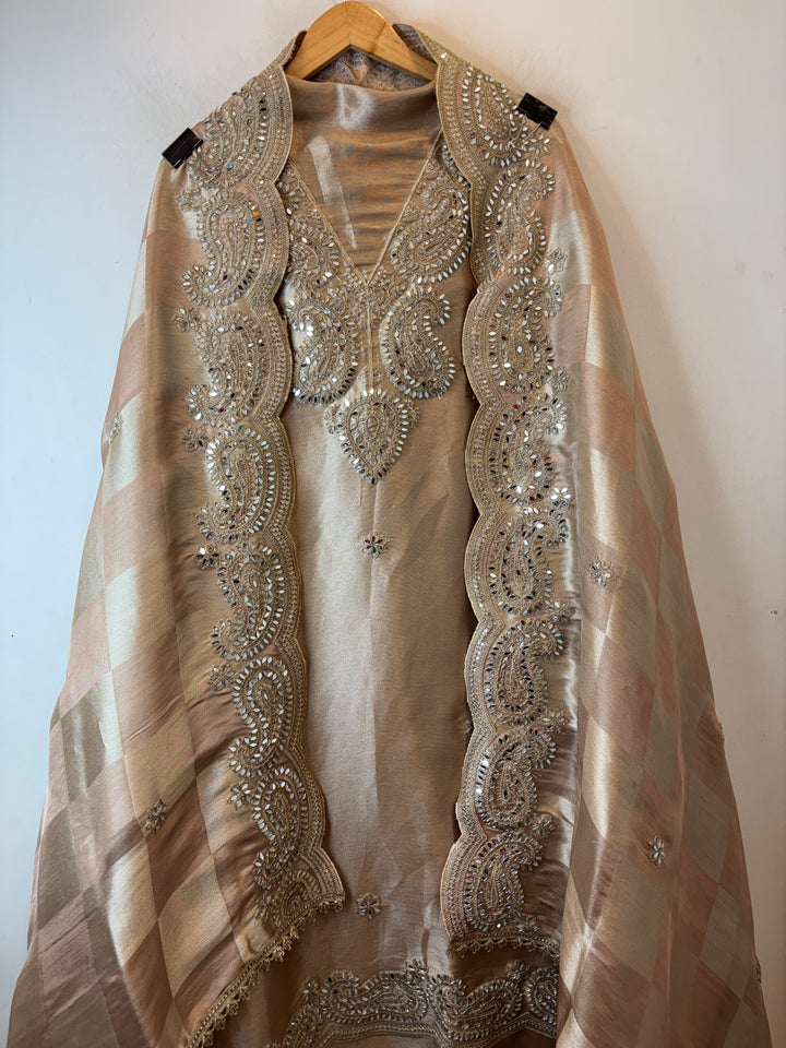 Inaya – Metallic Beige Giraffe Tissue Mirror Cutwork Ensemble