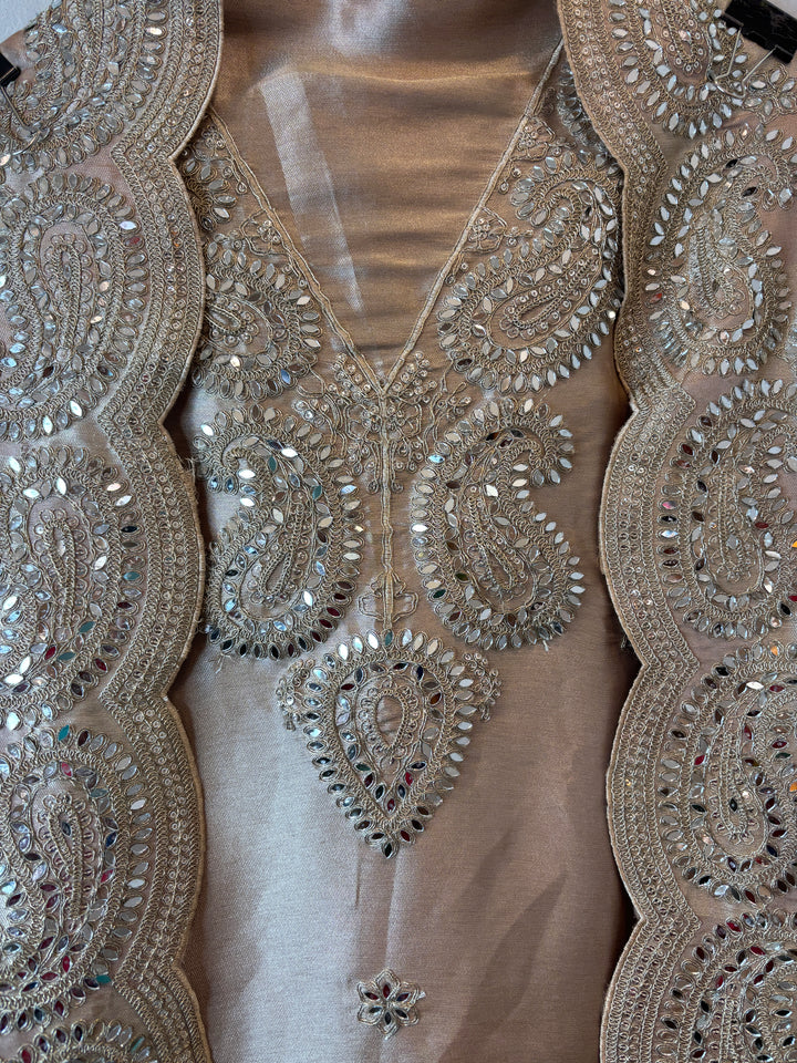 Inaya – Metallic Beige Giraffe Tissue Mirror Cutwork Ensemble