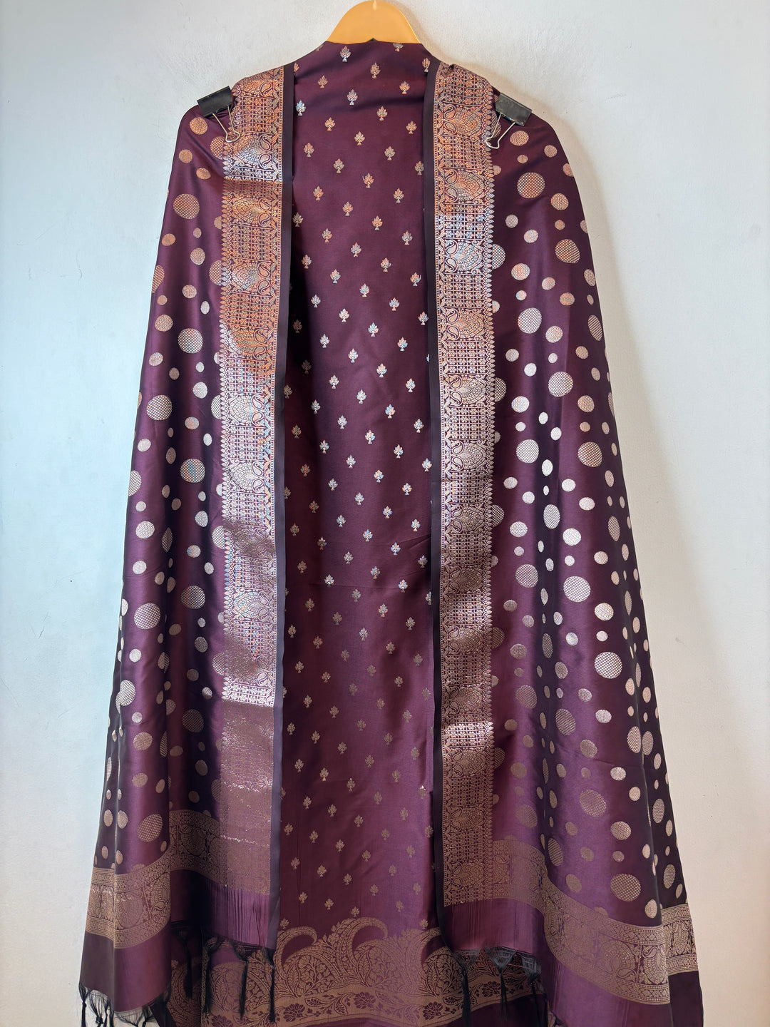 Saira –  Wine Banarasi Silk Zari Woven Ensemble DBPVX04