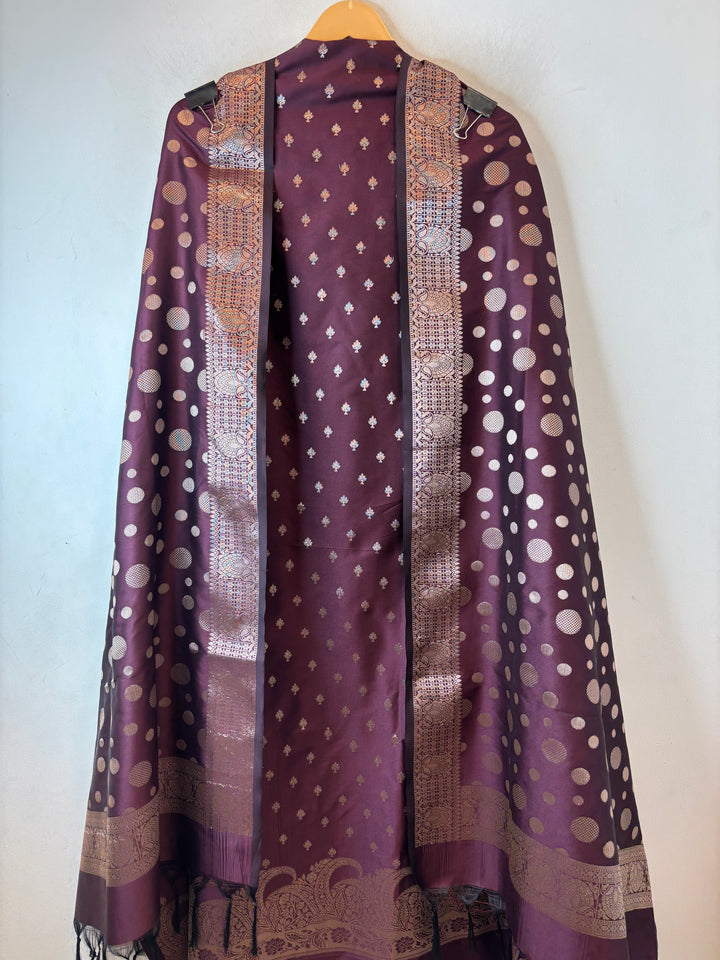 Saira –  Wine Banarasi Silk Zari Woven Ensemble DBPVX04