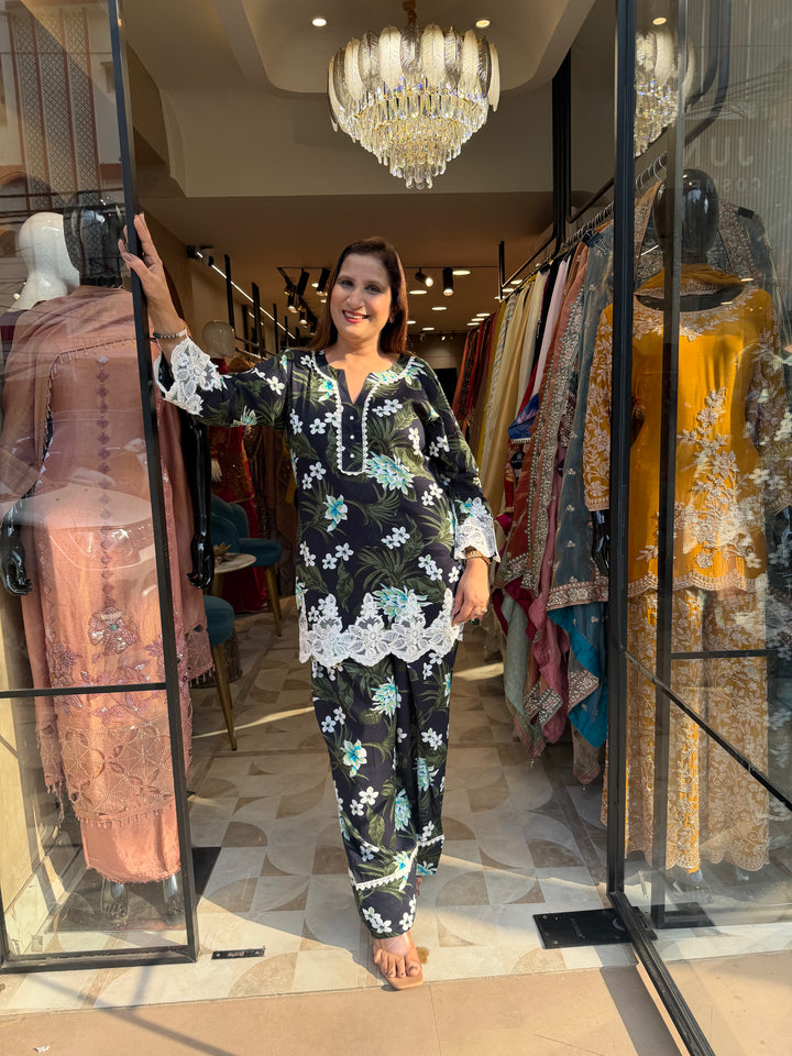 Modal Rayon Co-ord Set with Farshi Salwar &amp; Lace Detailing