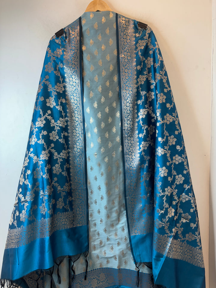 Ishita – Teal Blue Banarasi Silk Woven Booties &amp; Jaal Suit