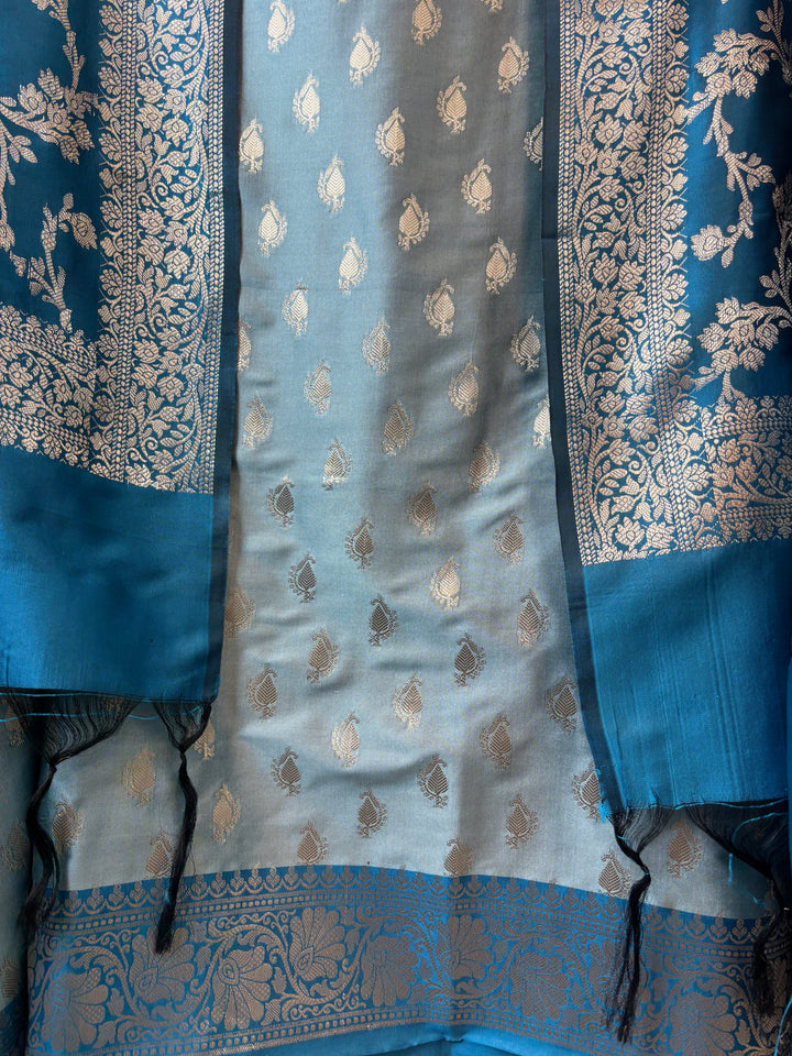Ishita – Teal Blue Banarasi Silk Woven Booties &amp; Jaal Suit