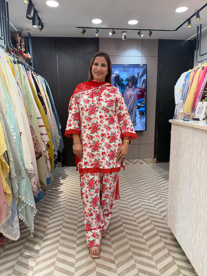 Cotton Floral Co-ord Set with Farshi Salwar &amp; Lace Detailing