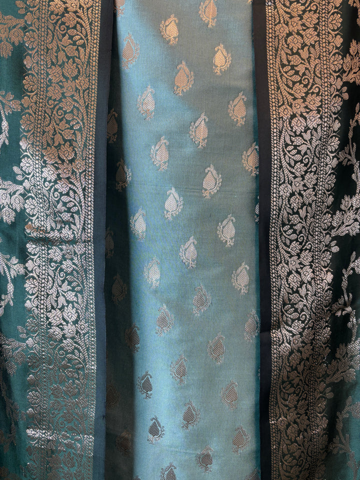 Ishita – Deep Bottle Green Banarasi Silk Woven Booties &amp; Jaal Suit