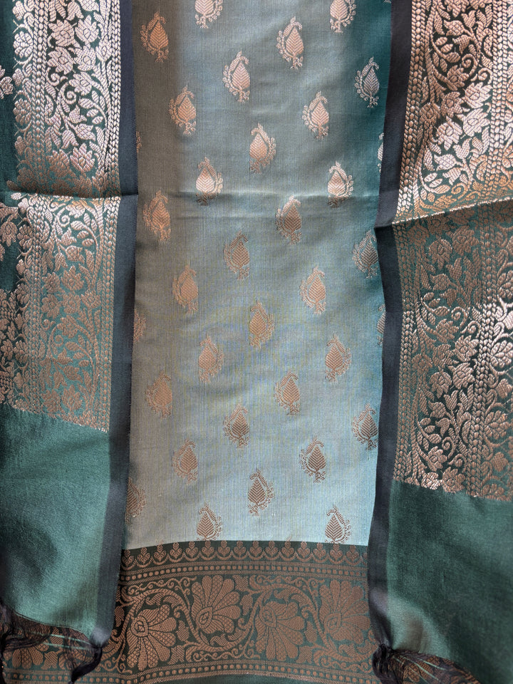 Ishita – Deep Bottle Green Banarasi Silk Woven Booties &amp; Jaal Suit