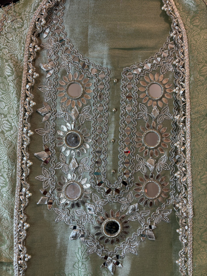 Zehra – Sage Green Giraffe Silk Ombre Mirror Stone Ensemble