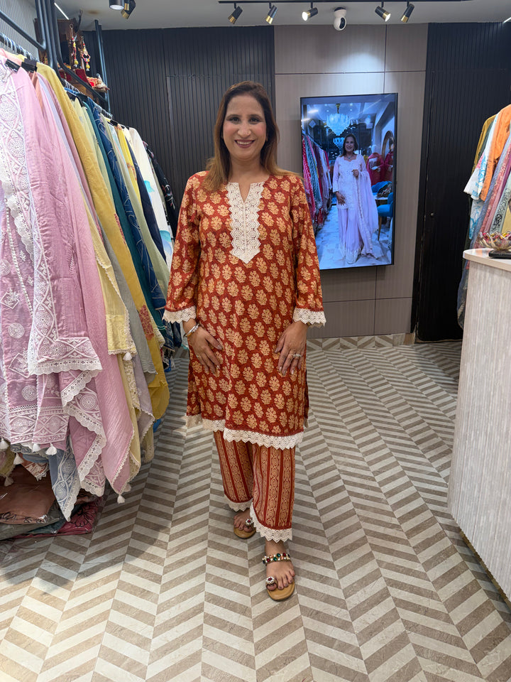 Muslin Ajrakh Printed Co-ord Set with Lace Detailing
