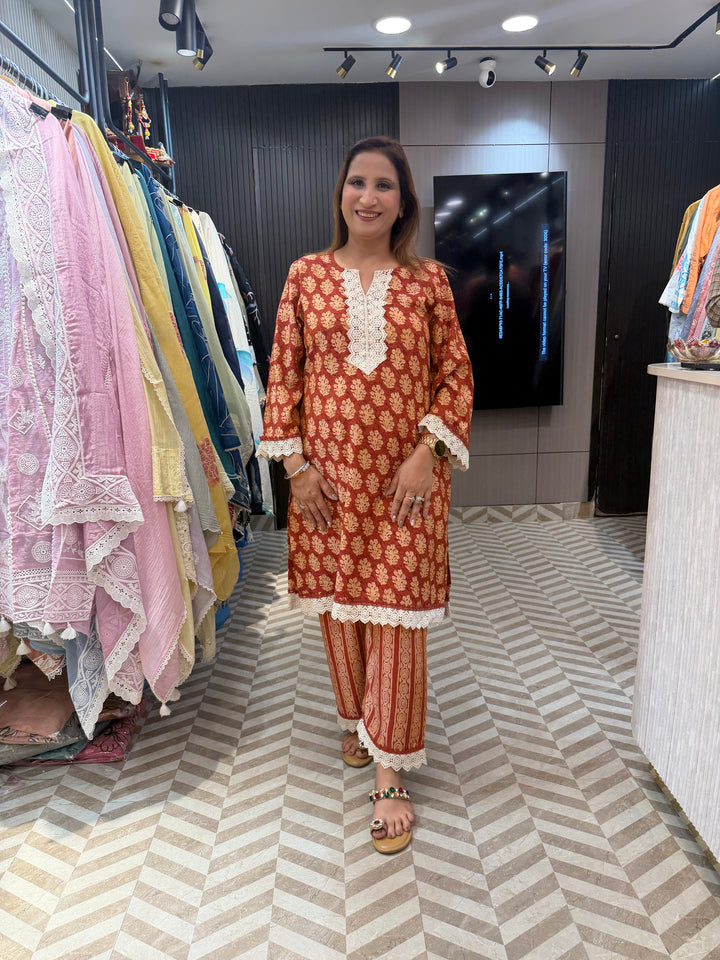 Muslin Ajrakh Printed Co-ord Set with Lace Detailing