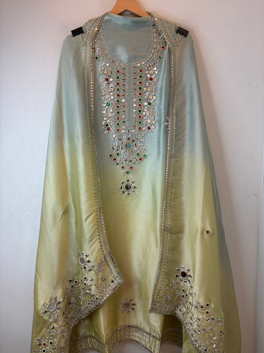 Maira – Dual-Tone Powder Blue &amp; Yellow Brocade Mirror Gotta Embellished Ensemble