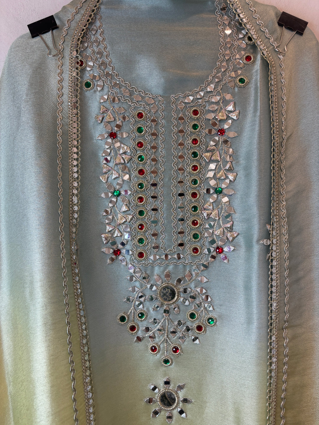 Maira – Dual-Tone Powder Blue &amp; Yellow Brocade Mirror Gotta Embellished Ensemble