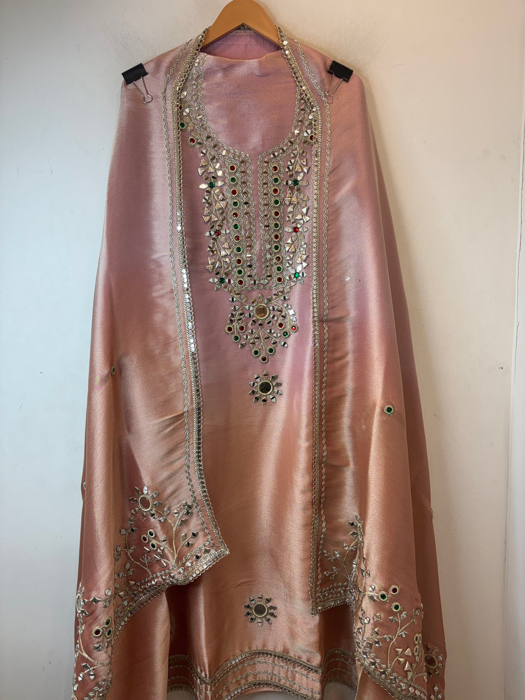 Maira – Peach Pink Brocade Mirror Gotta Embellished Ensemble