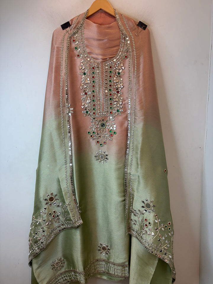 Maira – Dual-Tone Peach &amp; Pistachio Brocade Mirror Gotta Embellished Ensemble