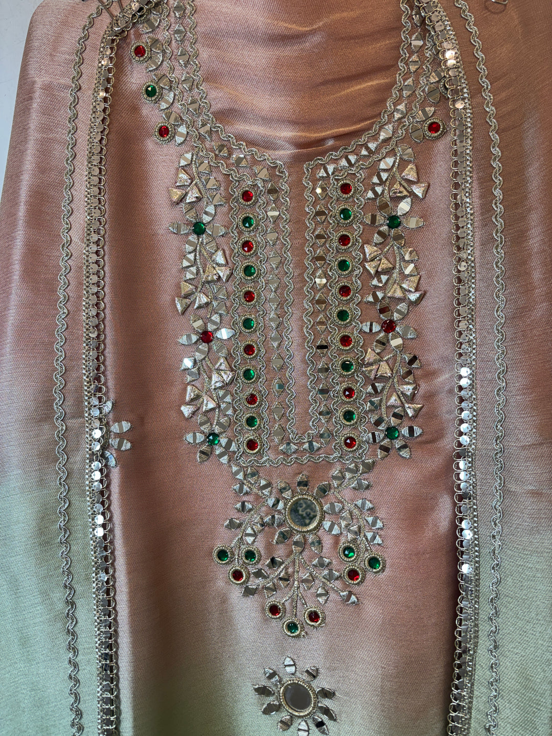 Maira – Dual-Tone Peach &amp; Pistachio Brocade Mirror Gotta Embellished Ensemble