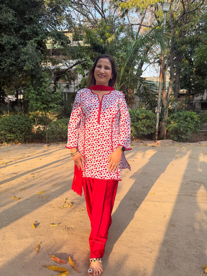 Printed Crepe Co-ord Set with Farshi Salwar &amp; Net Dupatta