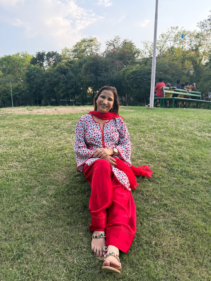 Printed Crepe Co-ord Set with Farshi Salwar &amp; Net Dupatta