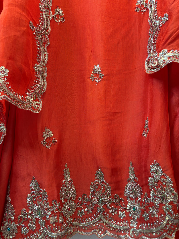 Amara – Orange Silk Organza Zardozi Dabka Ensemble DBPIN101