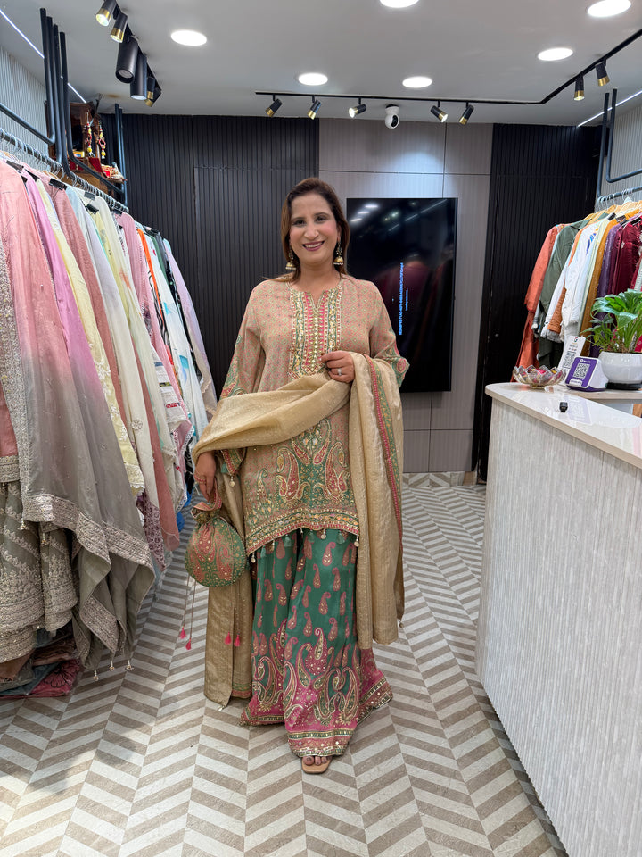 Green Burberry Tissue Sharara Set with C-Cut &amp; Heavy Handwork