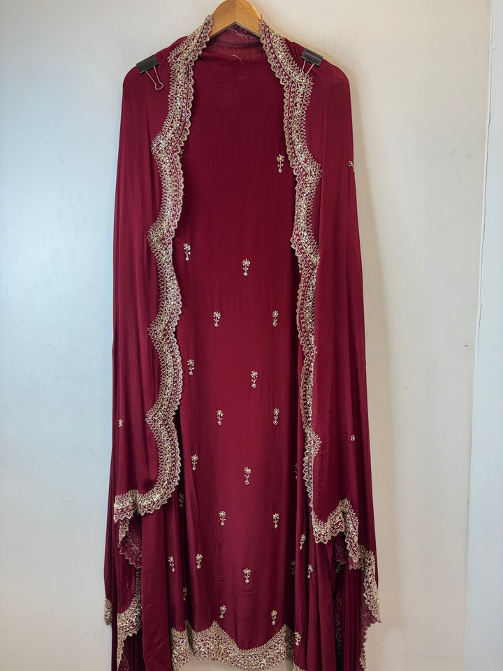 Ameera – Maroon Pure Crepe Cutdana Pearl Ensemble