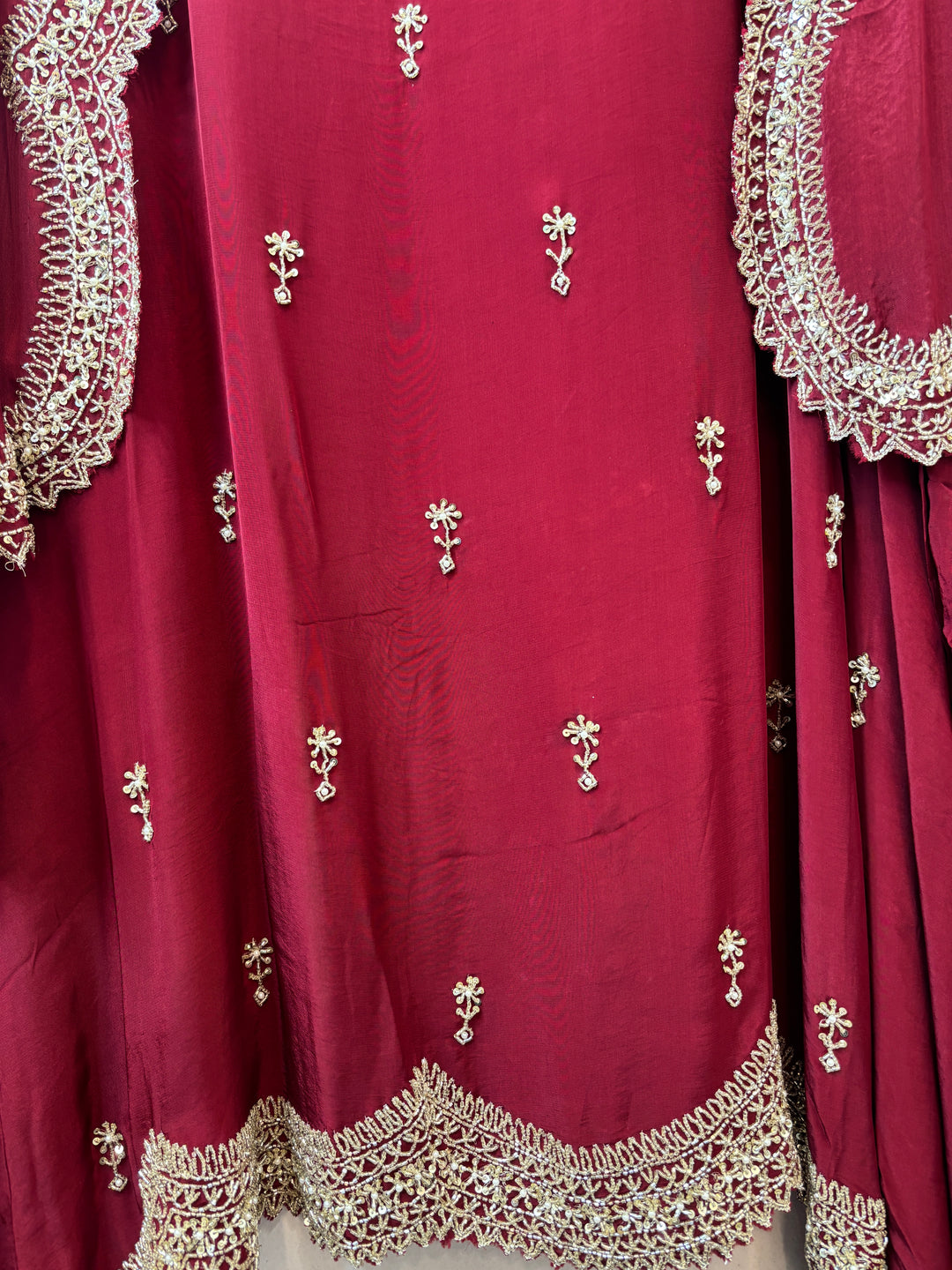 Ameera – Maroon Pure Crepe Cutdana Pearl Ensemble