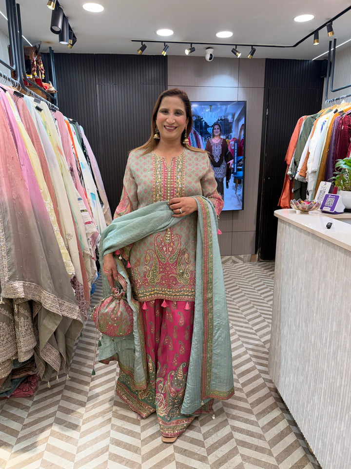 Pink Burberry Tissue Sharara Set with C-Cut &amp; Heavy Handwork