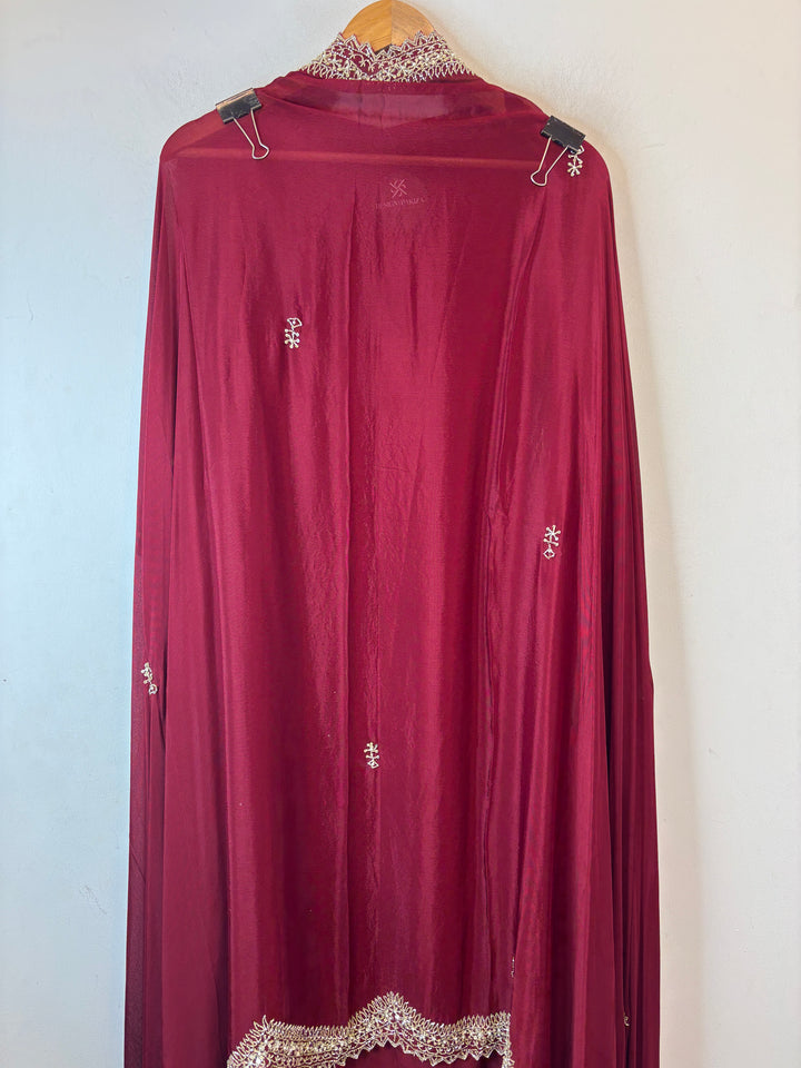 Ameera – Maroon Pure Crepe Cutdana Pearl Ensemble