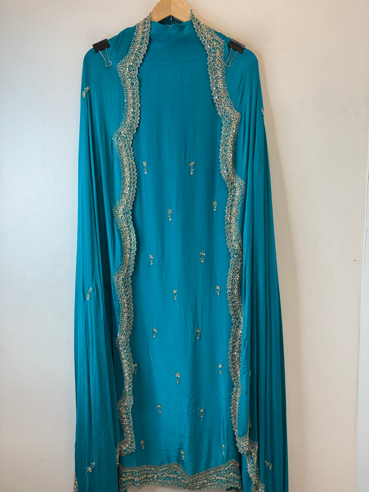 Ameera – Turquoise Blue Pure Crepe Cutdana Pearl Ensemble