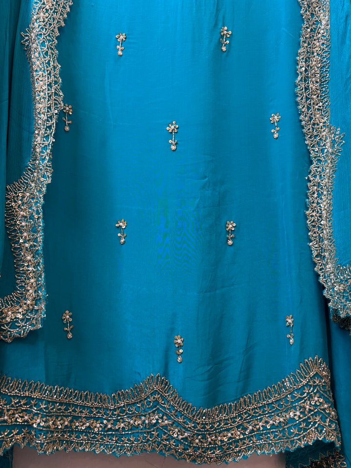 Ameera – Turquoise Blue Pure Crepe Cutdana Pearl Ensemble