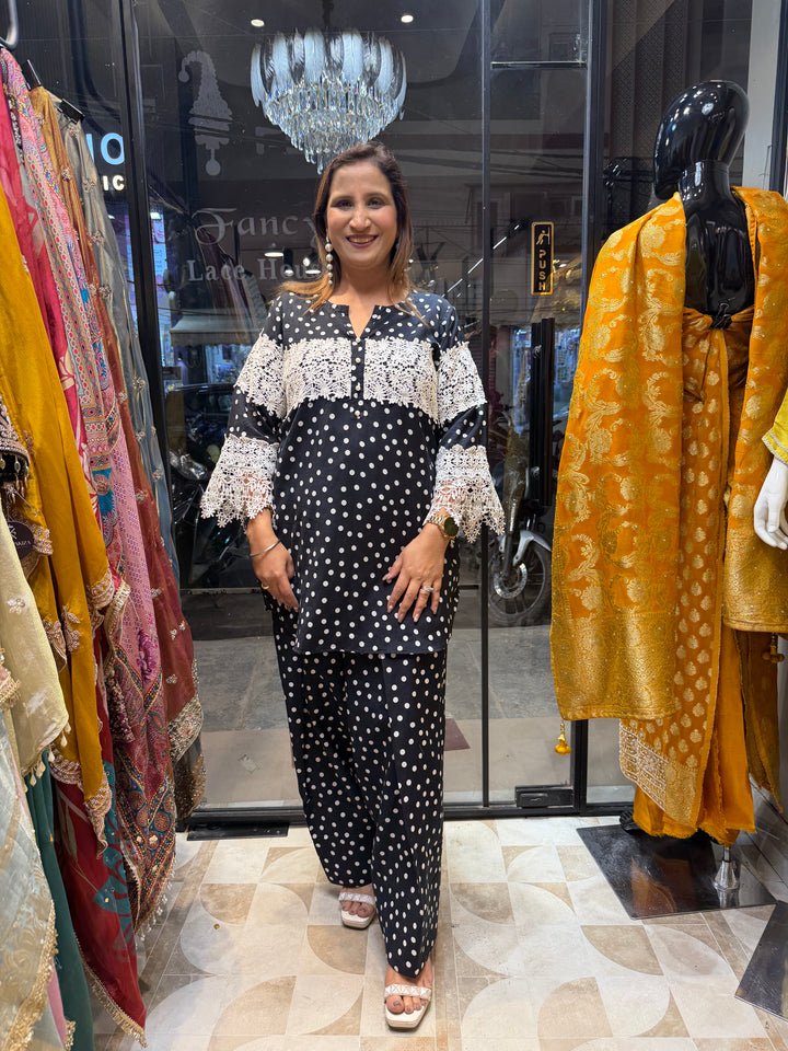 Black Polka Dot Cotton Co-ord Set with Farshi Salwar