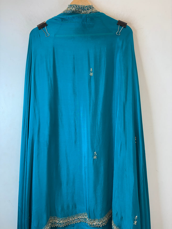 Ameera – Turquoise Blue Pure Crepe Cutdana Pearl Ensemble
