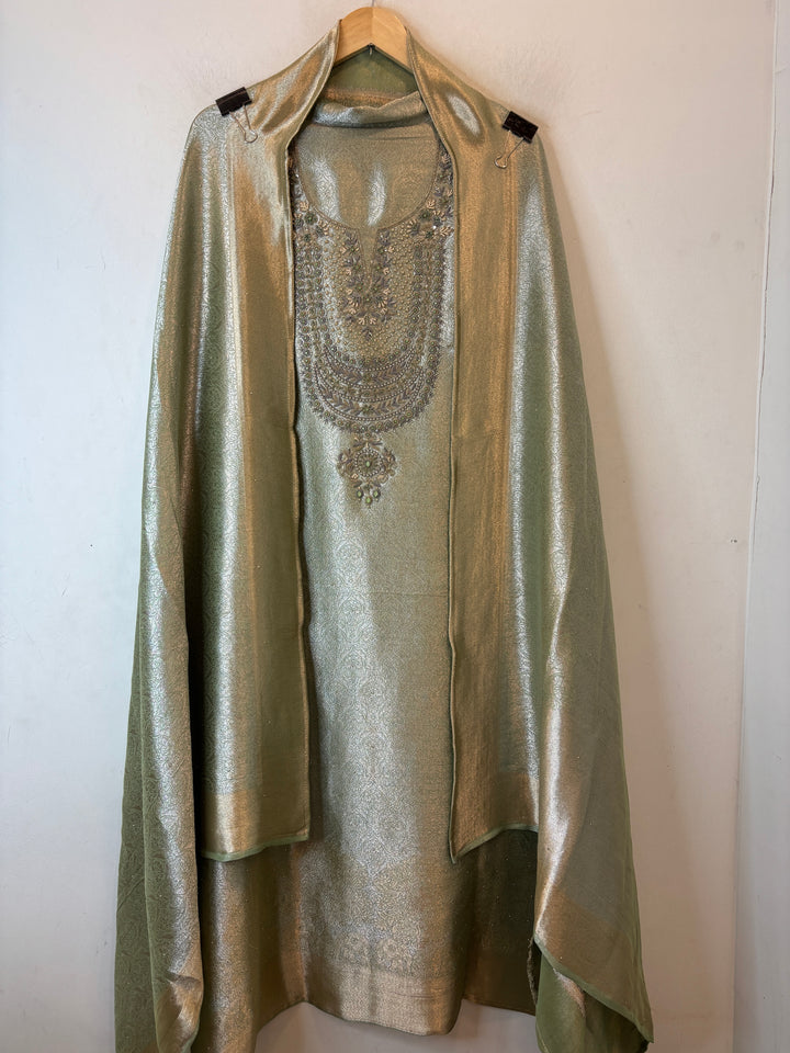 Inara – Green Tissue Brocade Dabka Pearl Handwork Ensemble DBPHM01