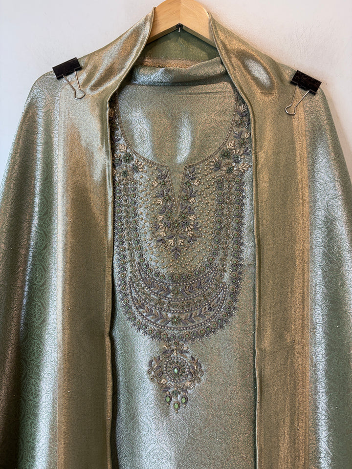 Inara – Green Tissue Brocade Dabka Pearl Handwork Ensemble DBPHM01
