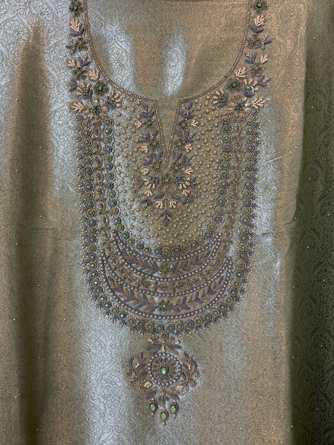 Inara – Green Tissue Brocade Dabka Pearl Handwork Ensemble DBPHM01