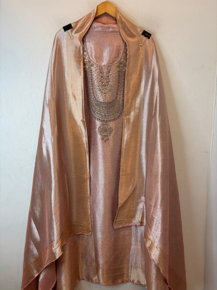 Inara – Pink Tissue Brocade Dabka Pearl Handwork Ensemble DBPHM02