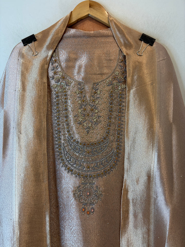 Inara – Peach Tissue Brocade Dabka Pearl Handwork Ensemble DBPHM03