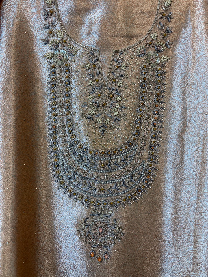 Inara – Peach Tissue Brocade Dabka Pearl Handwork Ensemble DBPHM03