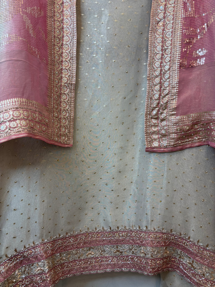 Aaliya – Ivory with Pink Tissue Banarasi Beaded Embellished Ensemble