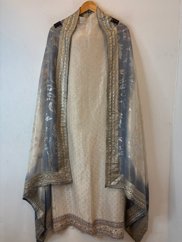 Aaliya – Ivory with Blue Tissue Banarasi Beaded Embellished Ensemble