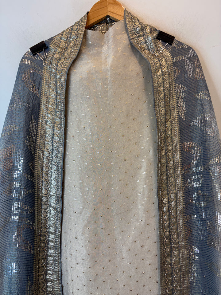 Aaliya – Ivory with Blue Tissue Banarasi Beaded Embellished Ensemble